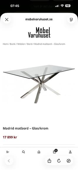 Glasmatbord med krom underrede 180 cm