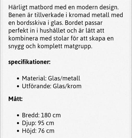 Glasmatbord med krom underrede 180 cm