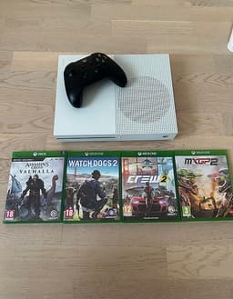 Microsoft Xbox One S spelkonsol vit med handkontroll och spel