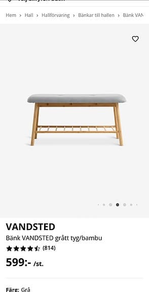 VANDSTED bänk
Bänk VANDSTED grått tyg/bambu