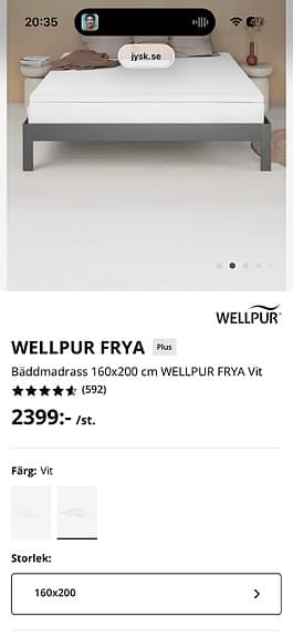 Jysk Wellpur Frya bäddmadrass 160x200 vit