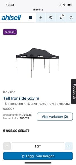 Ironside tält 6x3 m svart stål/PVC