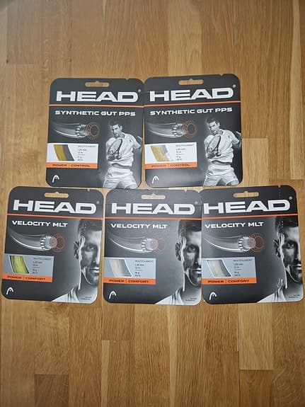 Head Synthetic Gut PPS och Velocity MLT tennissträngar i olika färger.