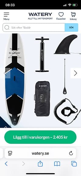 Watery uppblåsbar SUP-bräda med paddel och tillbehör