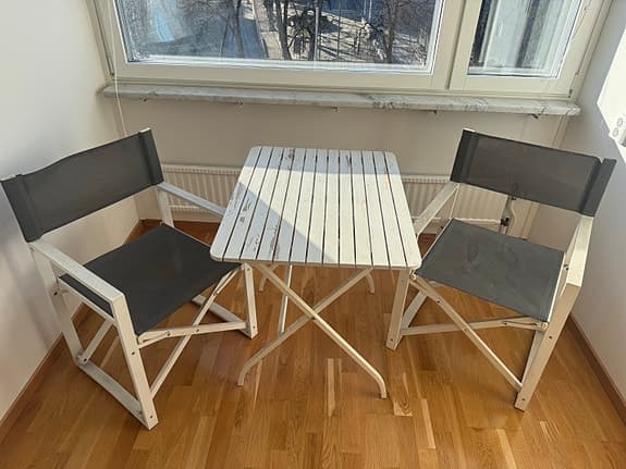 Bord och 2 stolar trädgårdsmöbler vit och grå, balkongmöbler, hopfällbara