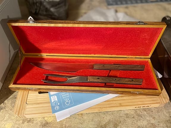 Rostfritt stål trancherset med trähandtag i etui - Vintage