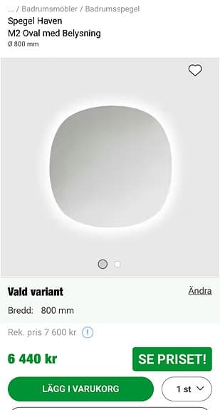 Spegel med belysning badrum 800 mm