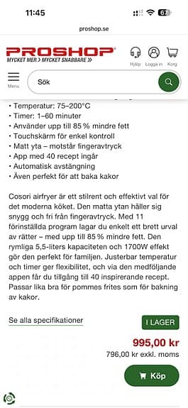 Cosori Premium 5.5 Litre- Svart helt Nya