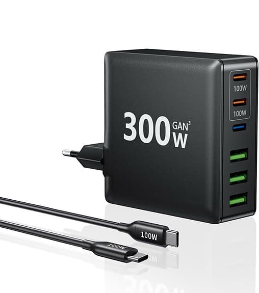 USB-C-laddare, 300 W, 6-portar, flera snabbladdare: 3 USB-C och 3 USB-A