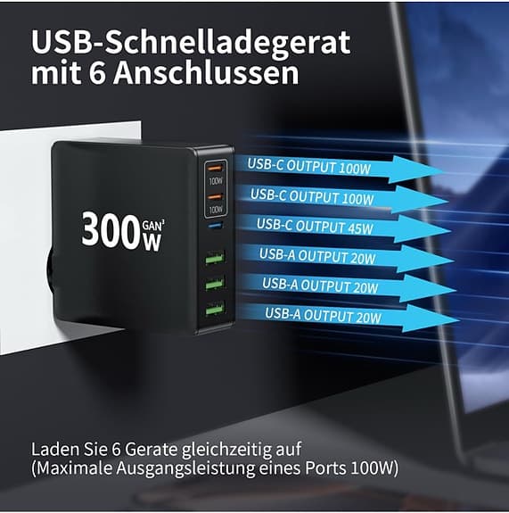USB-C-laddare, 300 W, 6-portar, flera snabbladdare: 3 USB-C och 3 USB-A