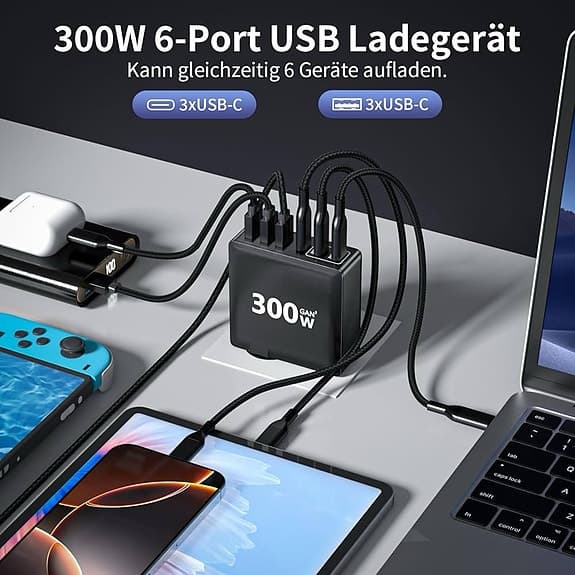 USB-C-laddare, 300 W, 6-portar, flera snabbladdare: 3 USB-C och 3 USB-A