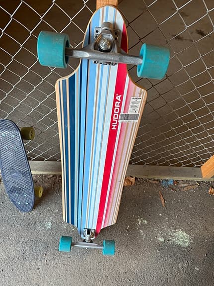 Hudora longboard trä flerfärgad med blå hjul + Penny cruiser skateboard