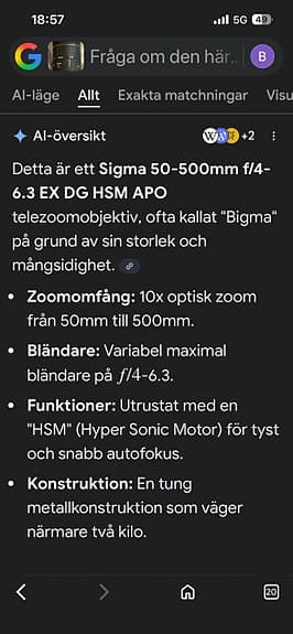 ” Bigma” Sigma 50-500mm f/4-6.3 EX DG HSM APO telezoomobjektiv svart