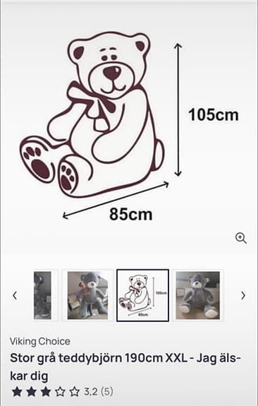 Stor grå teddybjörn 190cm XXL