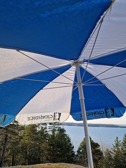 Gjensidige parasoll blå vit 180cm