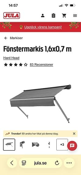 Markiser 1,6 x 0,7 m och 1,2 x 0,7 m grå