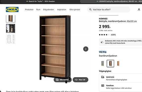 Ikea HEMNES Bokhylla, svartbrun/ljusbrun, 90x197 cm