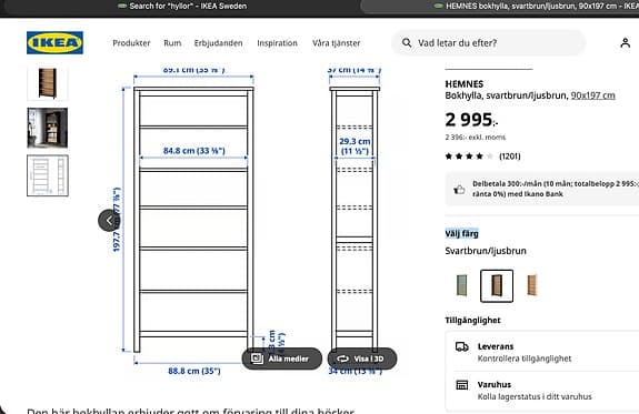Ikea HEMNES Bokhylla, svartbrun/ljusbrun, 90x197 cm