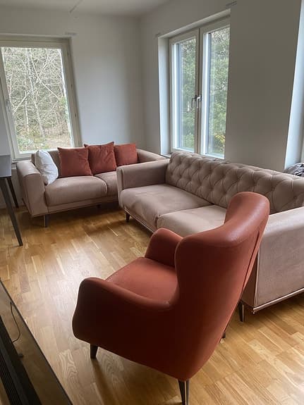 Soffgrupp 3-sits och fåtölj tyg beige och rost