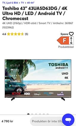 Toshiba 43" 43UA5D63DG / 4K Ultra HD / LED / Android TV / Chromecast.