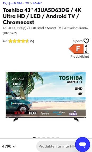 Toshiba 43" 43UA5D63DG / 4K Ultra HD / LED / Android TV / Chromecast.