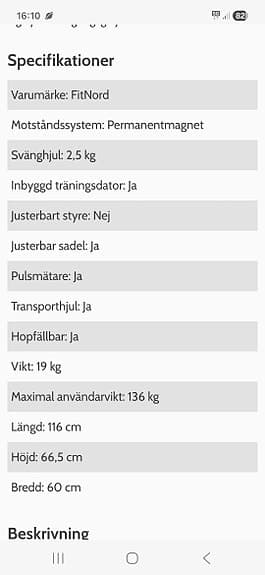 FitNord motionscykel hopfällbar svart med ryggstöd