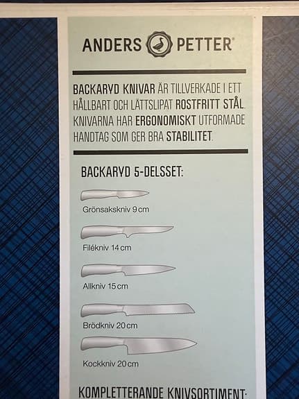Anders Petter Backaryd knivset 5-delar rostfritt stål - oöppnad förpackning