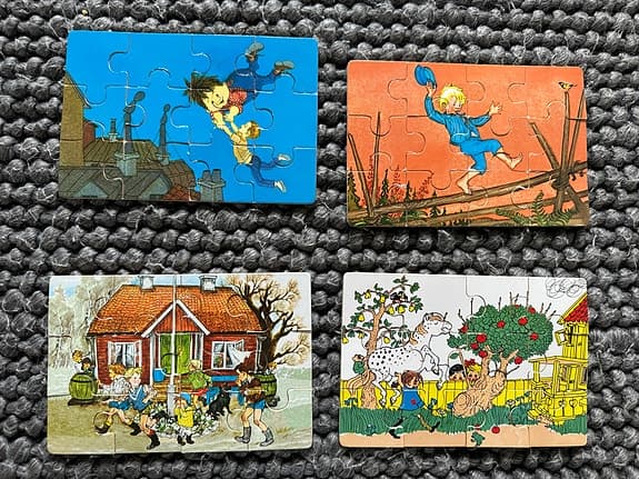 4 stycken Astrid Lindgren träpussel, 12-bitar i varje, komplett