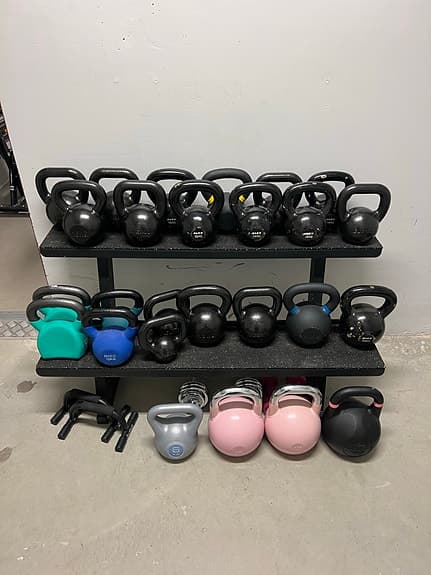 Komplett kettlebell-set med ställ för hemmagym (olika vikter)