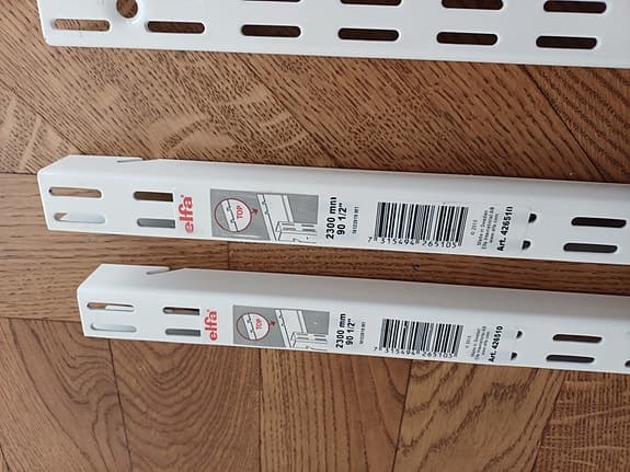 Elfa väggskenor, skenor, konsoler, hyllplan