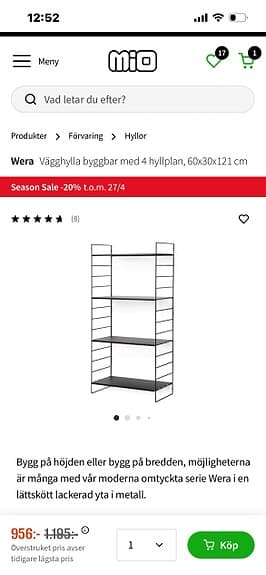 Mio Wera svart hylla 121cm x 60x 30 alt 121x120x30cm