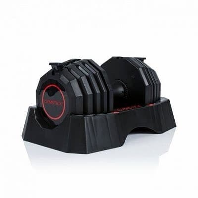 Träningsbänk och justerbara hantlar med ställ