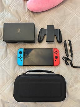 Nintendo Switch OLED neon röd/blå med docka och tillbehör