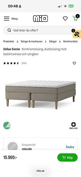Mio Delux Sense kontinentalsäng med bäddmadrass 180 x 200