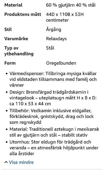 Relaxdays trädgårdskamin stål bronsfärgad 110 x 53 x 44 cm