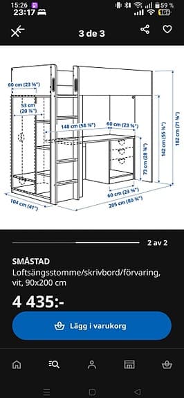 IKEA SMÅSTAD loftsängstomme med skrivbord och förvaring vit 90x200 cm