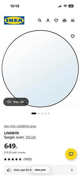 IKEA LINDBYN rund spegel svart