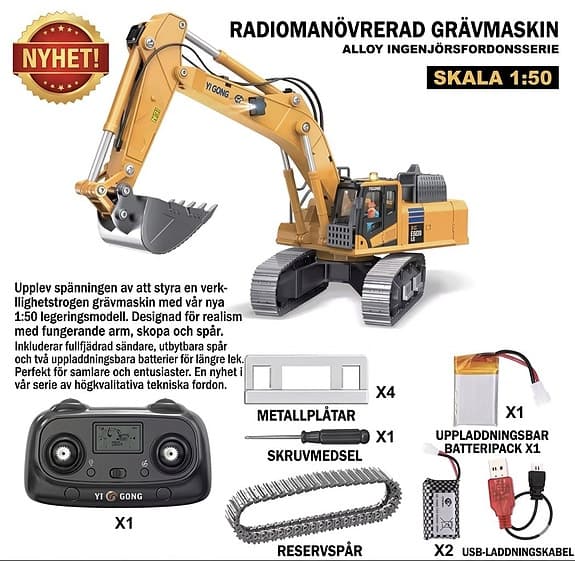 Radiostyrd grävmaskin leksak skala 1:50.  Ny