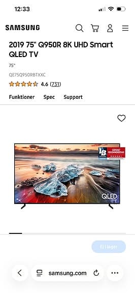 Samsung TV 75" Q950R 8K UHD Smart QLED TV