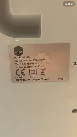 Wilfa HU-7W luftfuktare 6L vit