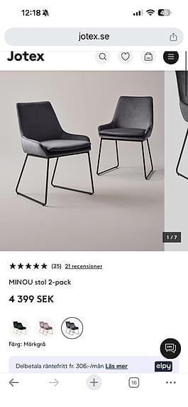 Jotex matstolar i sammet med metallben