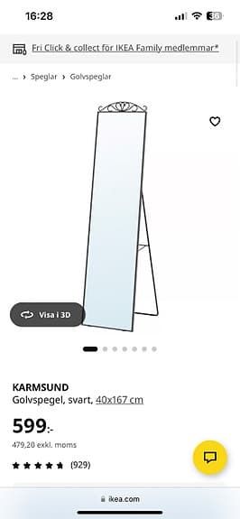 IKEA golvspegel helkropp med ställning svart