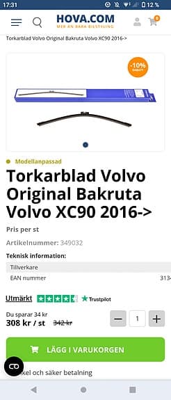 Volvo XC90 torkarblad fram/bakruta original