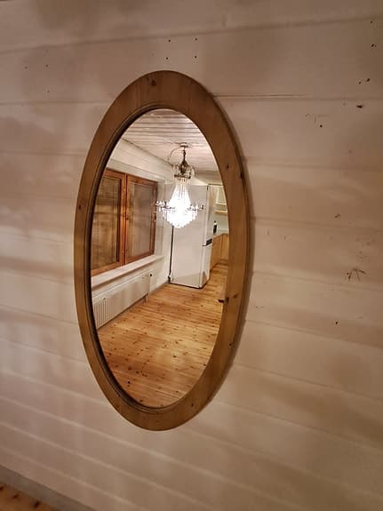 Vintage, Retro, Oval spegel med träram i Furu