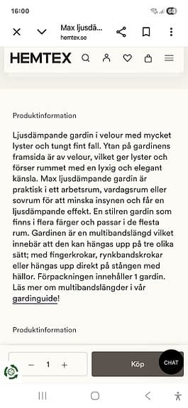 Hemtex mörkgrå sammetsgardin