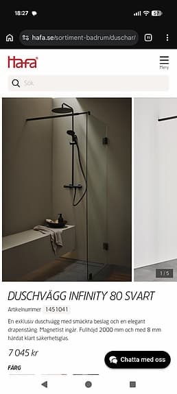 Hafa svart duschvägg i måtten 80 cm