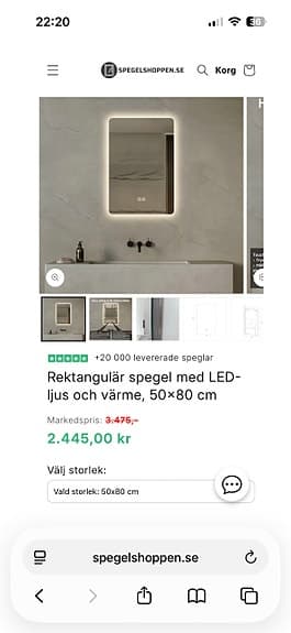 NY Badrumsspegel med LED‑ljus och värme 50x80 cm