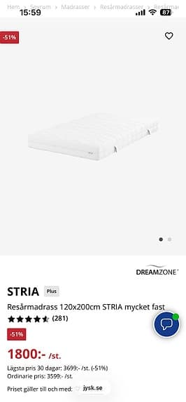 Jysk Dreamzone STRIA PS25 resårmadrass 120x200 vit