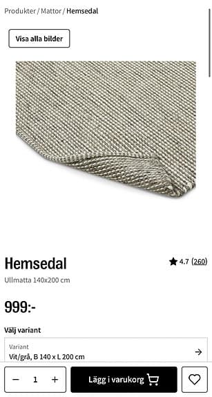 Mio Hemsedal ullmatta 140x200 cm vit/grå