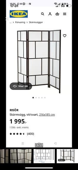 IKEA RISÖR skärmvägg vit/svart 216x185 cm